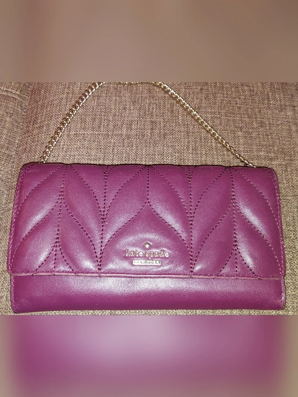 Kate Spade Quilted Wallet Purse in Deep Plum with Gold Chain Strap